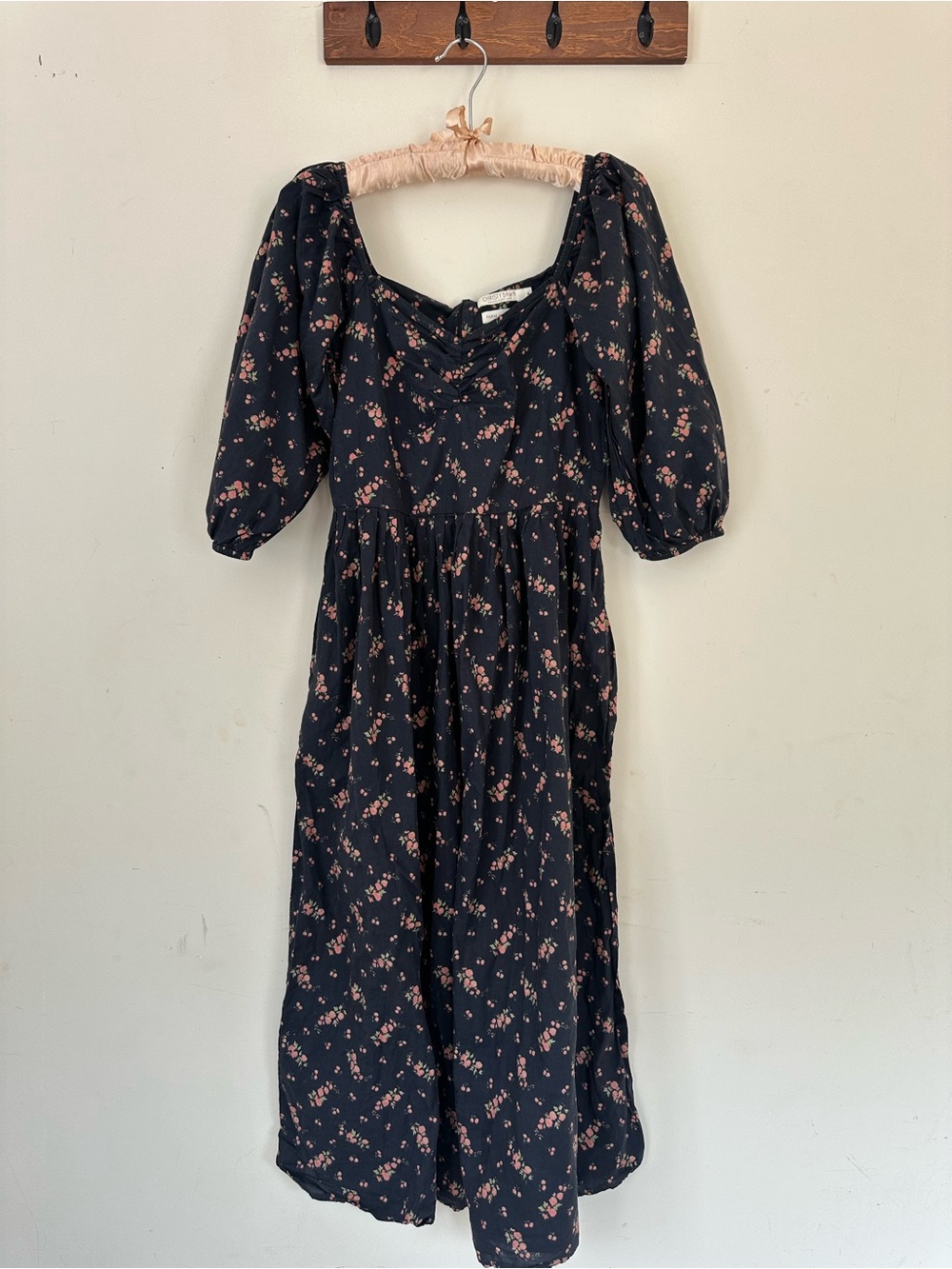 Discontinued Christy Dawn dark blue floral maxi dress with small red flowers. M